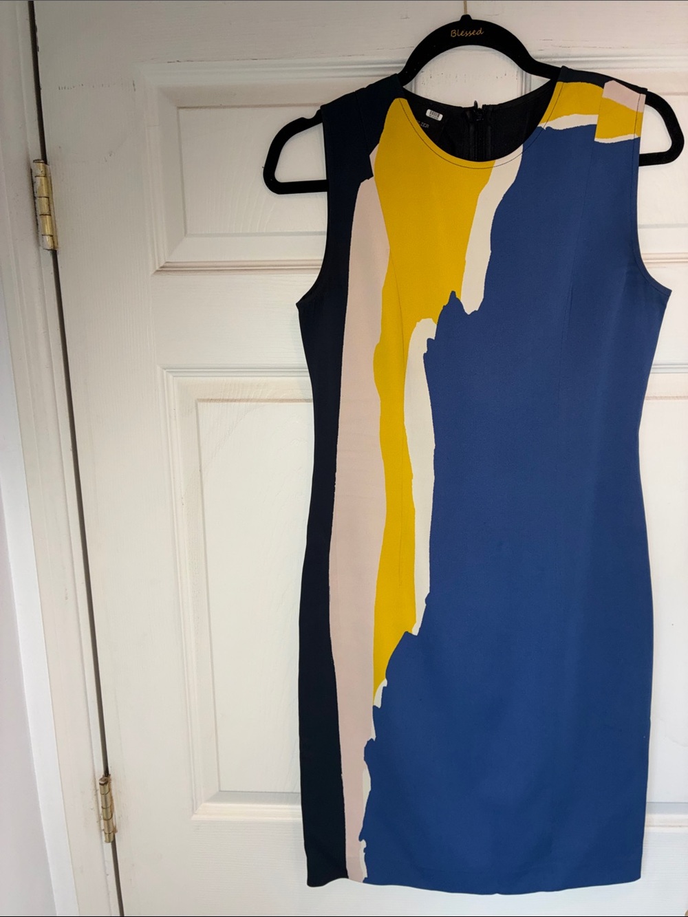 Cedric Charlier- Sleeveless Colorblock Shift Dress in Blue, Yellow,Cream, Blush